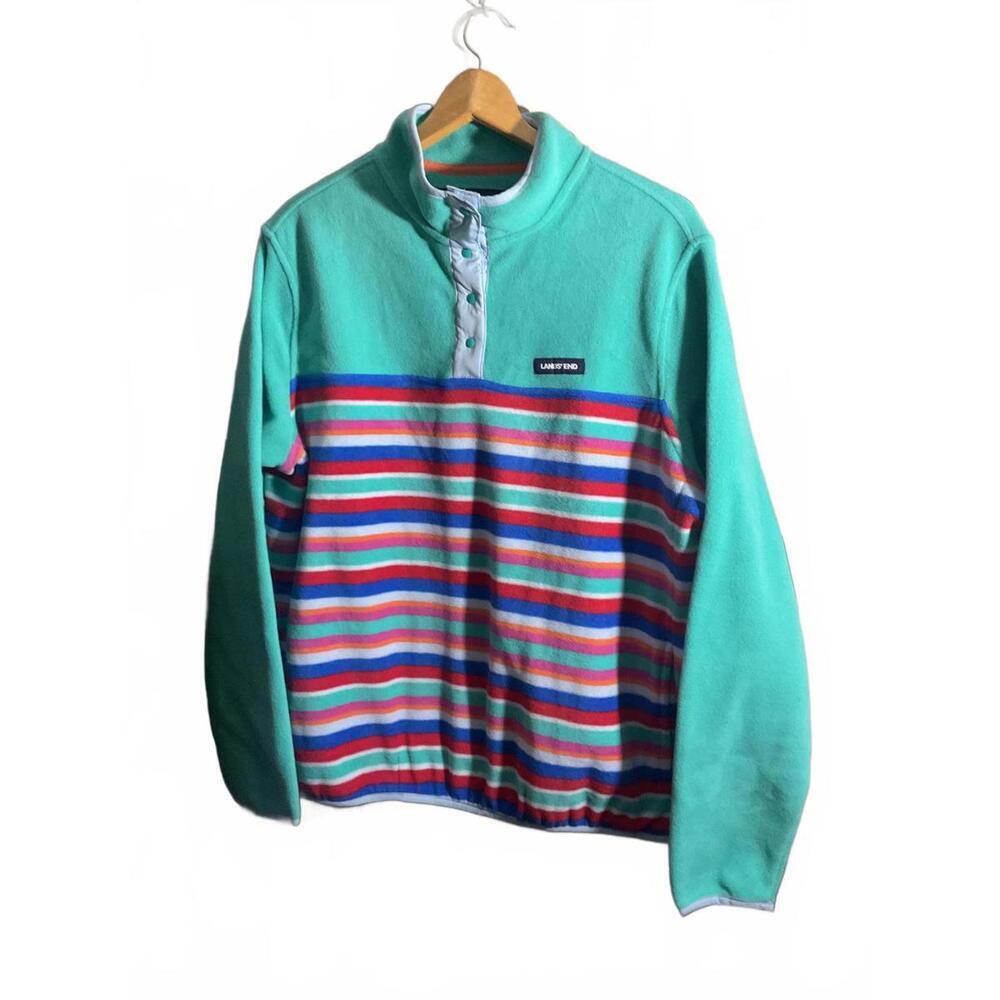 Lands' End Colorful Striped Pullover Fleece Sweater Large